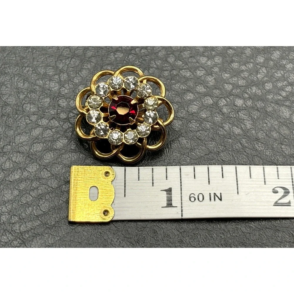 Vintage Filigree Flower Brooch Red Faux Ruby Rhinestone Gold Tone Clear Crystal